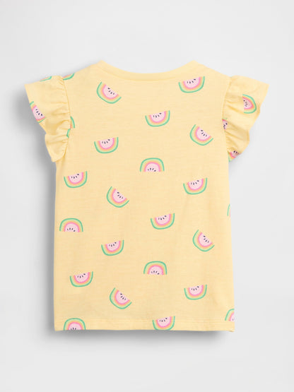 Sarı Baskılı Fırfır Kol T-shirt
