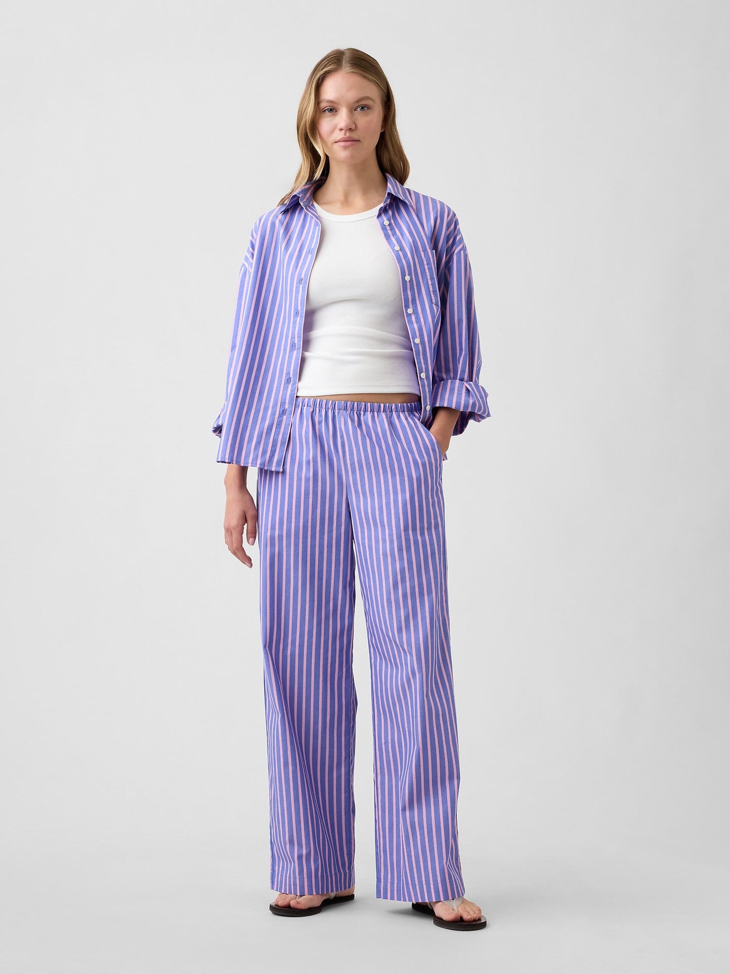 Mavi Mid Rise Pull-on Çizgili Poplin Pantolon