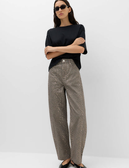 Leopar Desenli Barrel Jean Pantolon
