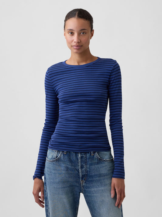 Koyu Mavi Modern Fitilli Bisiklet Yaka T-shirt