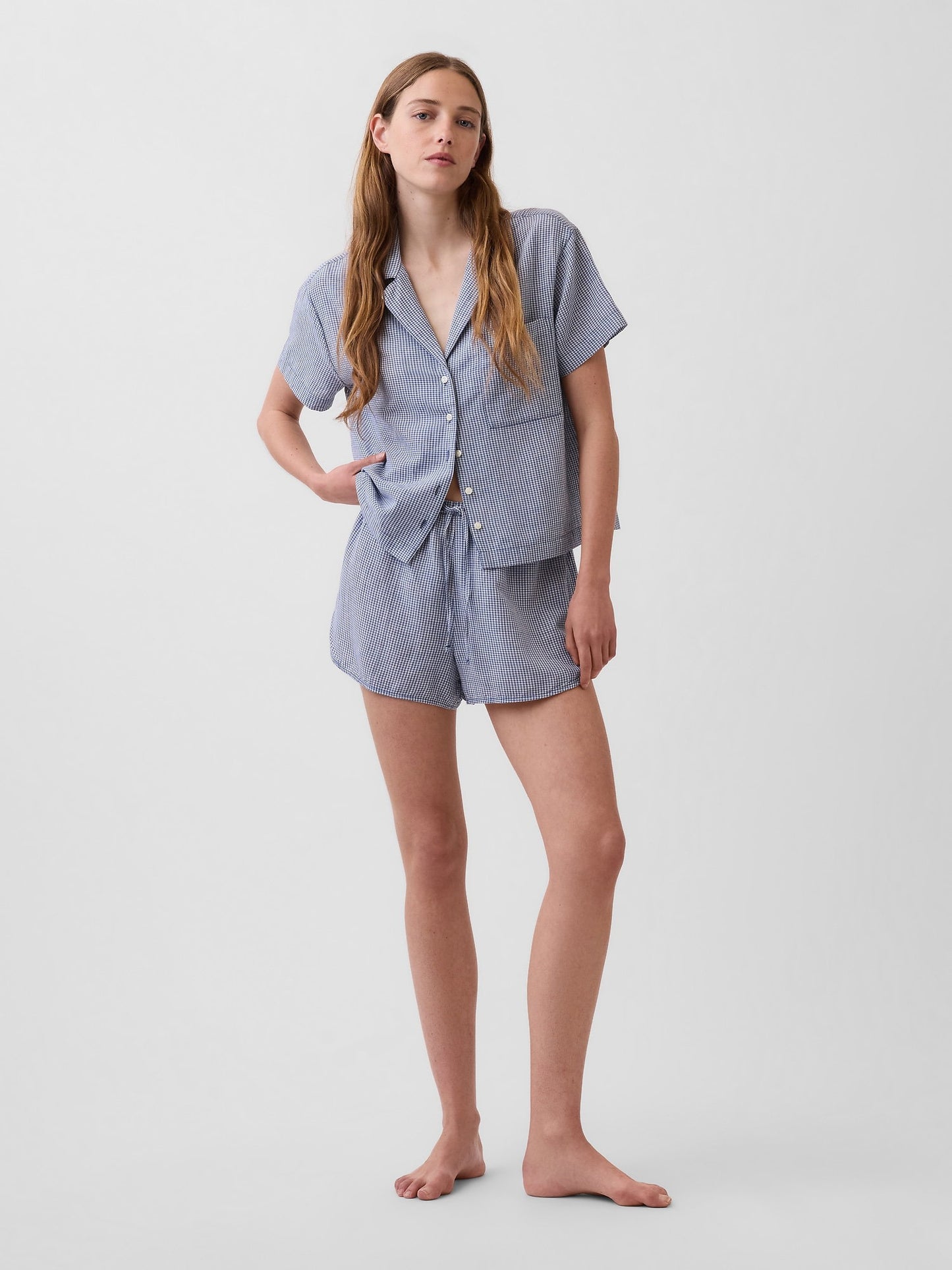 Mavi Crinkle Gauze Şort Pijama Altı