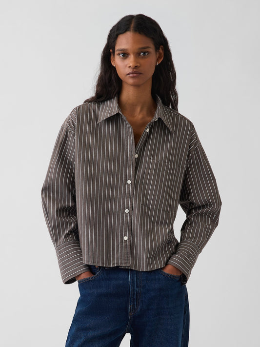 Kahverengi Organik Pamuk Poplin Oversized Crop Gömlek