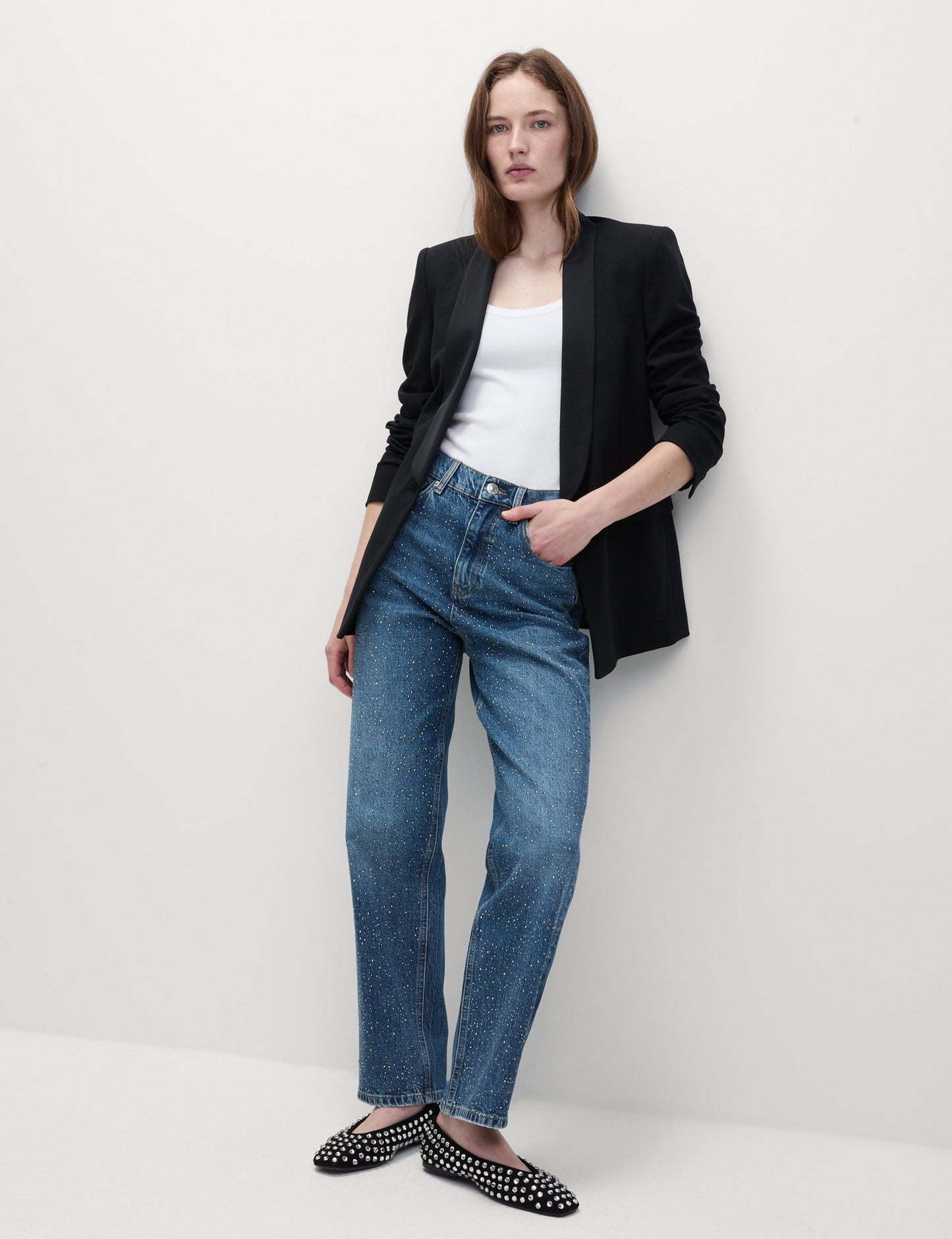 Işlemeli Yüksek Bel Straight Leg Jean Pantolon