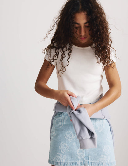 Gül Desenli Denim Etek