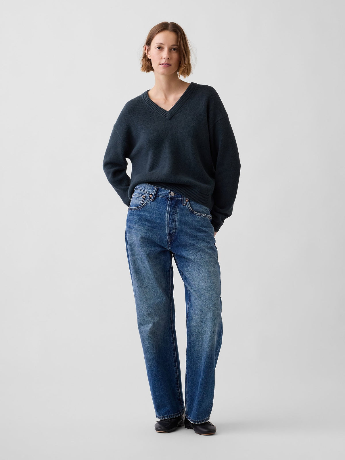 Koyu Yeşil Cashsoft Oversized V-yaka Kazak