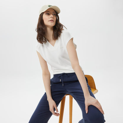 Lacoste Kadın Slim Fit V Yaka Beyaz T-shirt