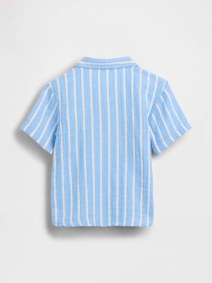 Mavi Pamuk Gauze Baskılı Polo T-shirt