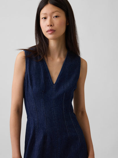 Koyu Mavi Denim V-yaka Maxi Elbise