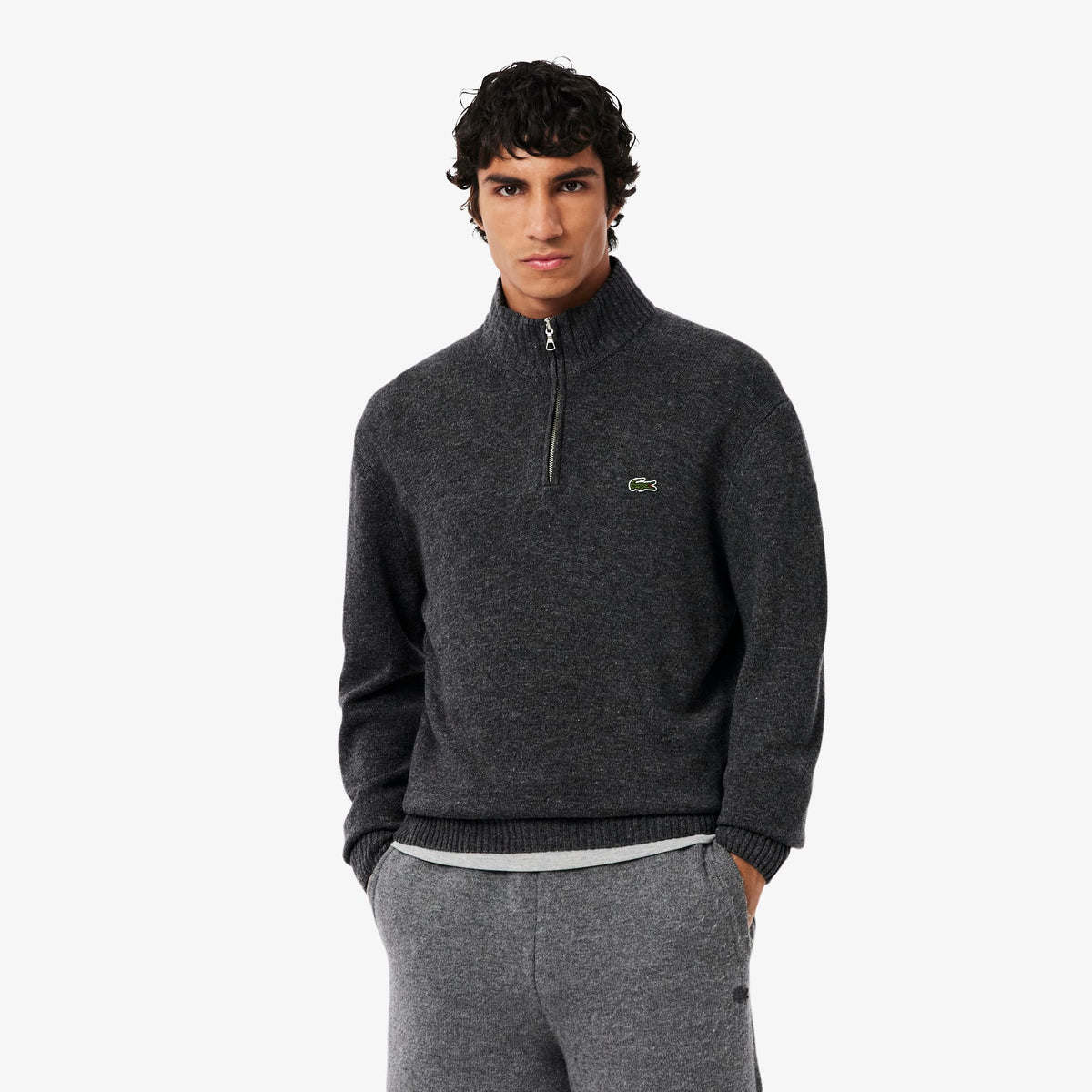 Lacoste Erkek Classic Fit Yarım Fermuarlı Yün Gri Kazak