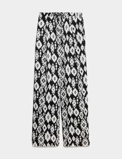 Yüksek Bel Desenli Crop Wide Leg Pantolon