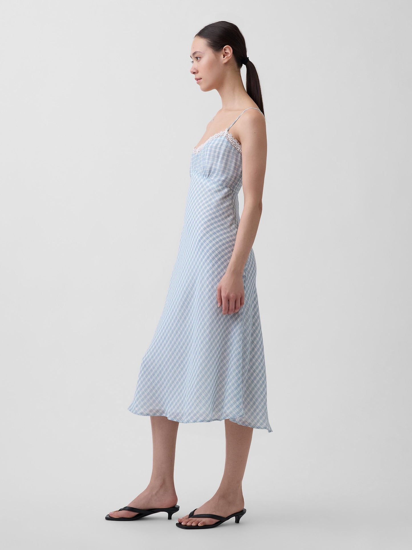 Açık Mavi Gingham Midi Slip Elbise