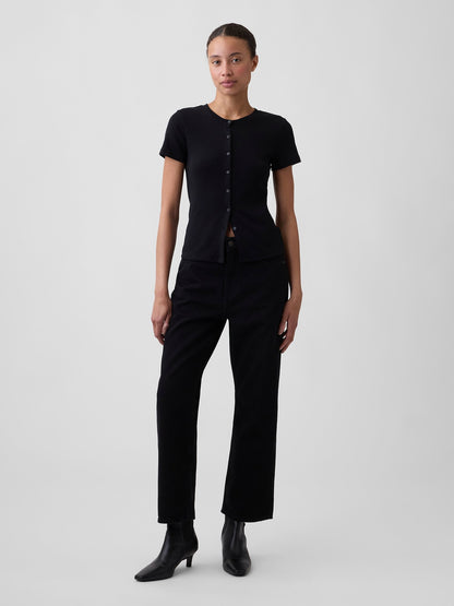 Siyah Low Slung Supersoft Relaxed Straight Crop Jean Pantolon