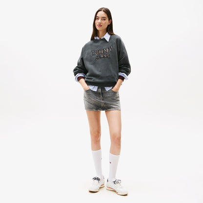Tommy Jeans Leopard Varsity Crew Kadın Siyah Sweatshirt