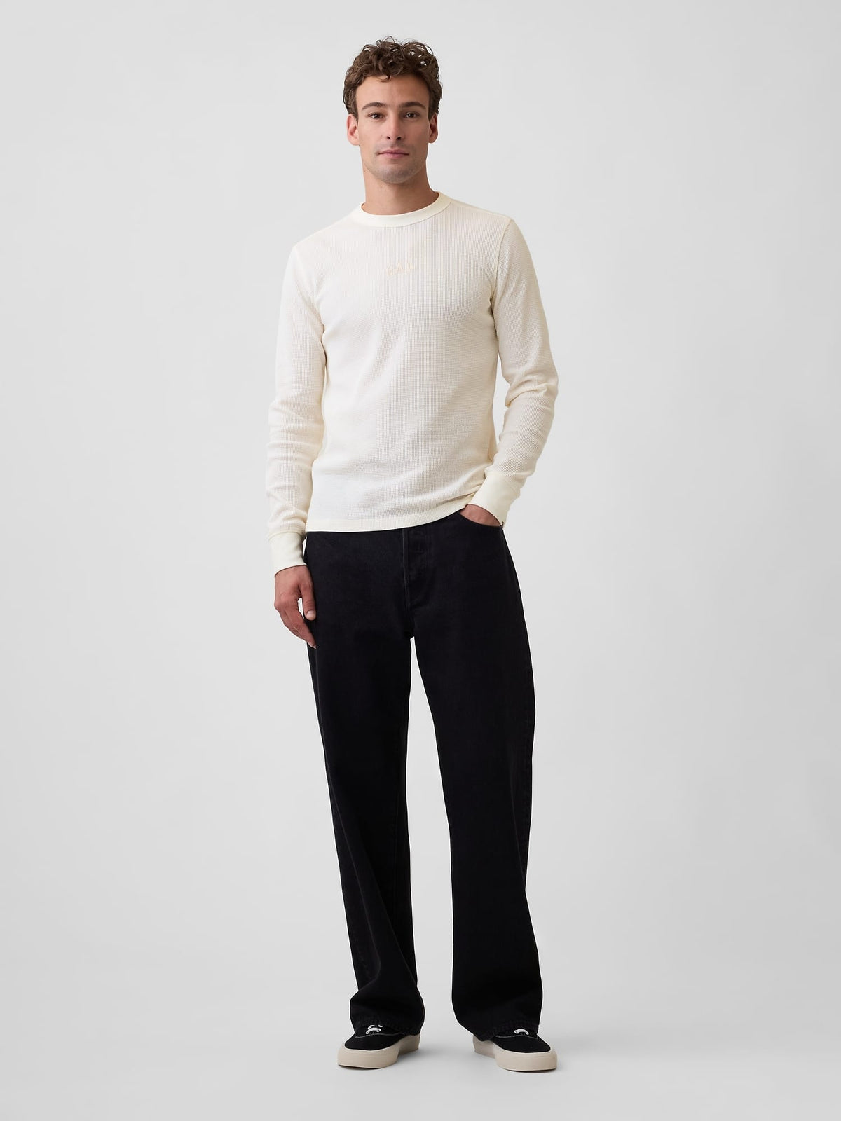 Kırık Beyaz Waffle-knit Bisiklet Yaka T-shirt