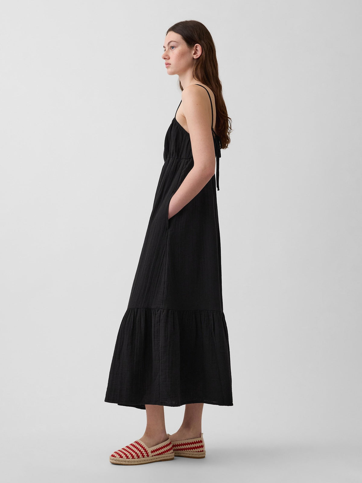 Siyah Gauze Tiered Empire Waist Elbise