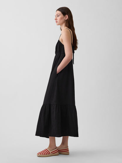 Siyah Gauze Tiered Empire Waist Elbise