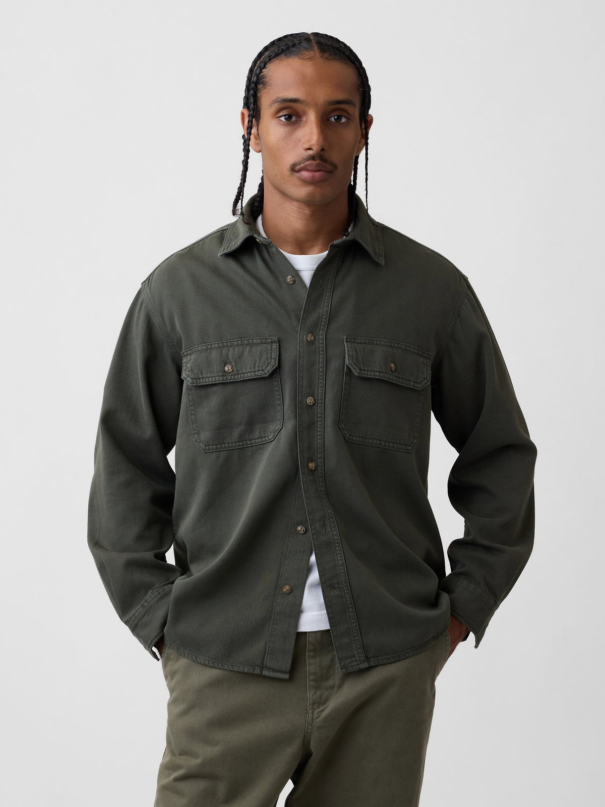 Haki Ultrasoft Denim Relaxed Utility Gömlek