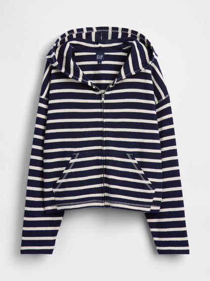 Lacivert Havlu Terry Oversized Çizgili Fermuarlı Sweatshirt