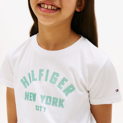 Tommy Hilfiger Glitter Curve Nyc Logo Çocuk Beyaz T-shirt