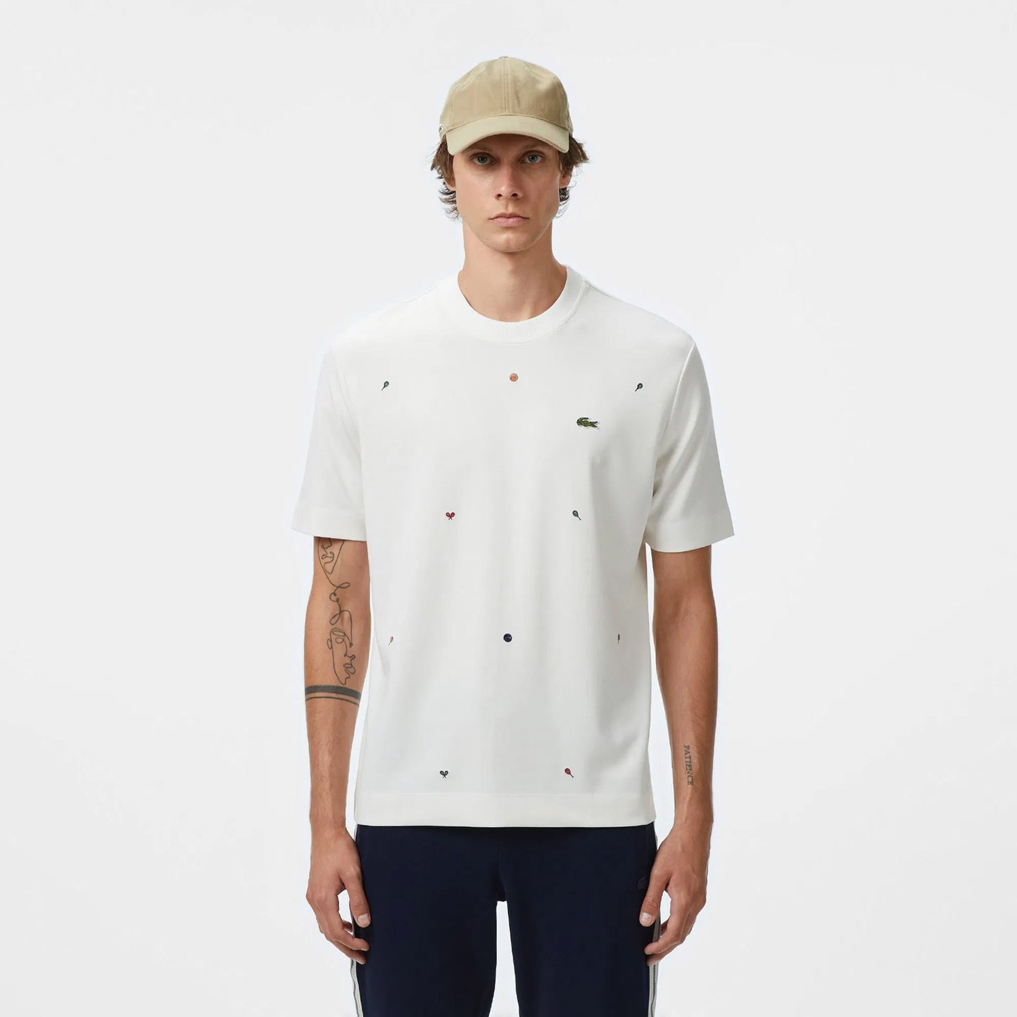 Lacoste Erkek Loose Fit Bisiklet Yaka Desenli Beyaz T-shirt