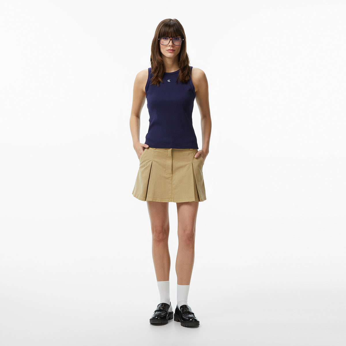 Calvin Klein Monogram Patch Waffle Racer Kadın Mavi Kolsuz T-shirt