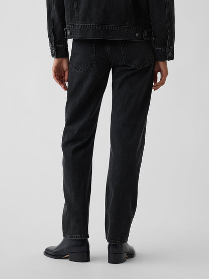 Siyah Mid Rise Straight Taper Jean Pantolon