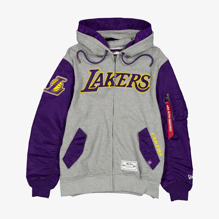 Alpha Industries X New Era Los Angeles Lakers Ma-1 Fermuarlı Unisex Gri Sweatshirt