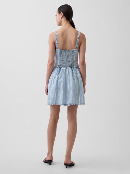 Açık Mavi Ultrasoft Denim Çizgili Drop-waist Mini Elbise
