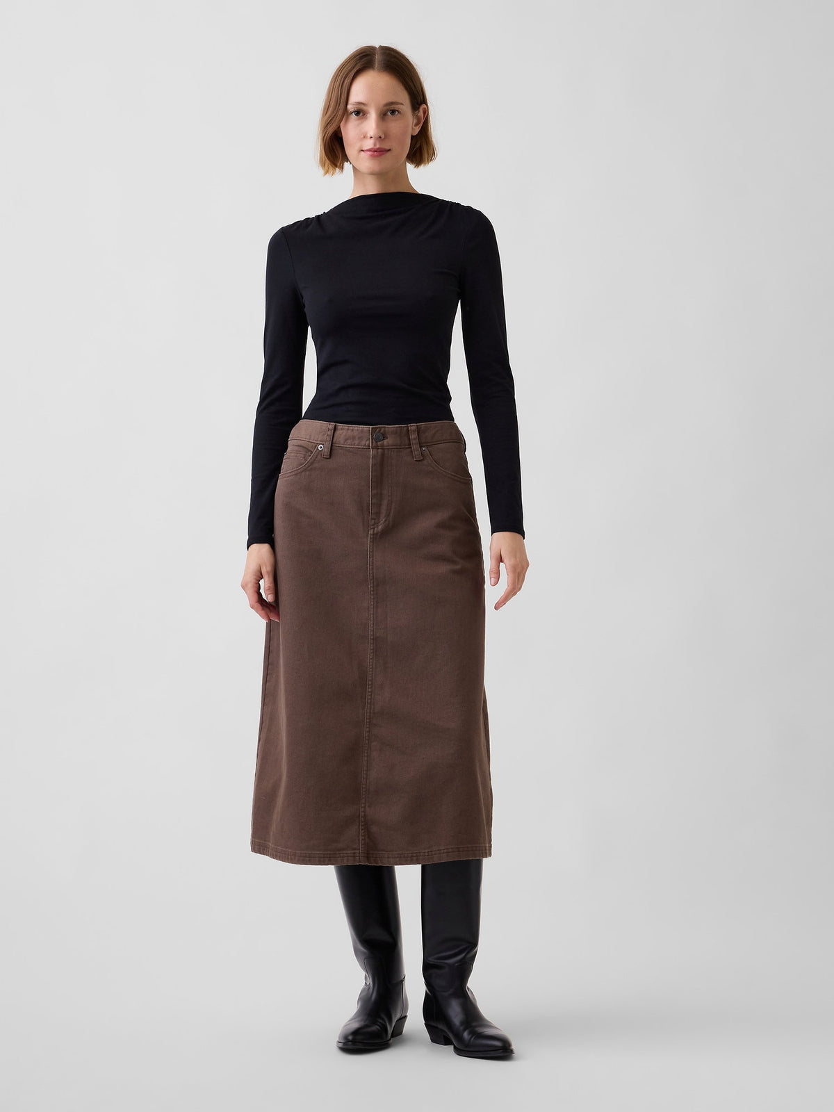 Kahverengi Twill Midi Etek