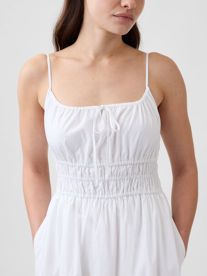 Beyaz Smocked Tie-front Midi Elbise