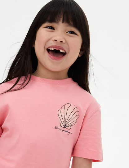 ?saf Pamuklu Deniz Kabuğu Yazılı T-shirt (2–8 Yaş)?