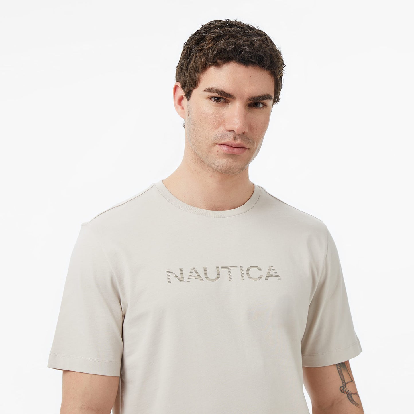Nautica Erkek Bej Regular Fit Baskılı T-shirt