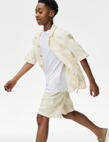 Saf Pamuklu Dokulu Palmiye Ağacı Desenli Şort (2-16 Yaş)