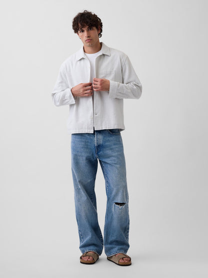Beyaz Dobby Çizgili Relaxed Straight-hem Gömlek