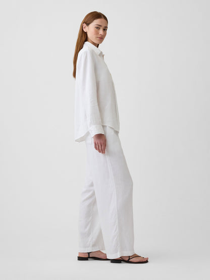 Beyaz Relaxed Keten Karışımlı Wide-leg Pantolon