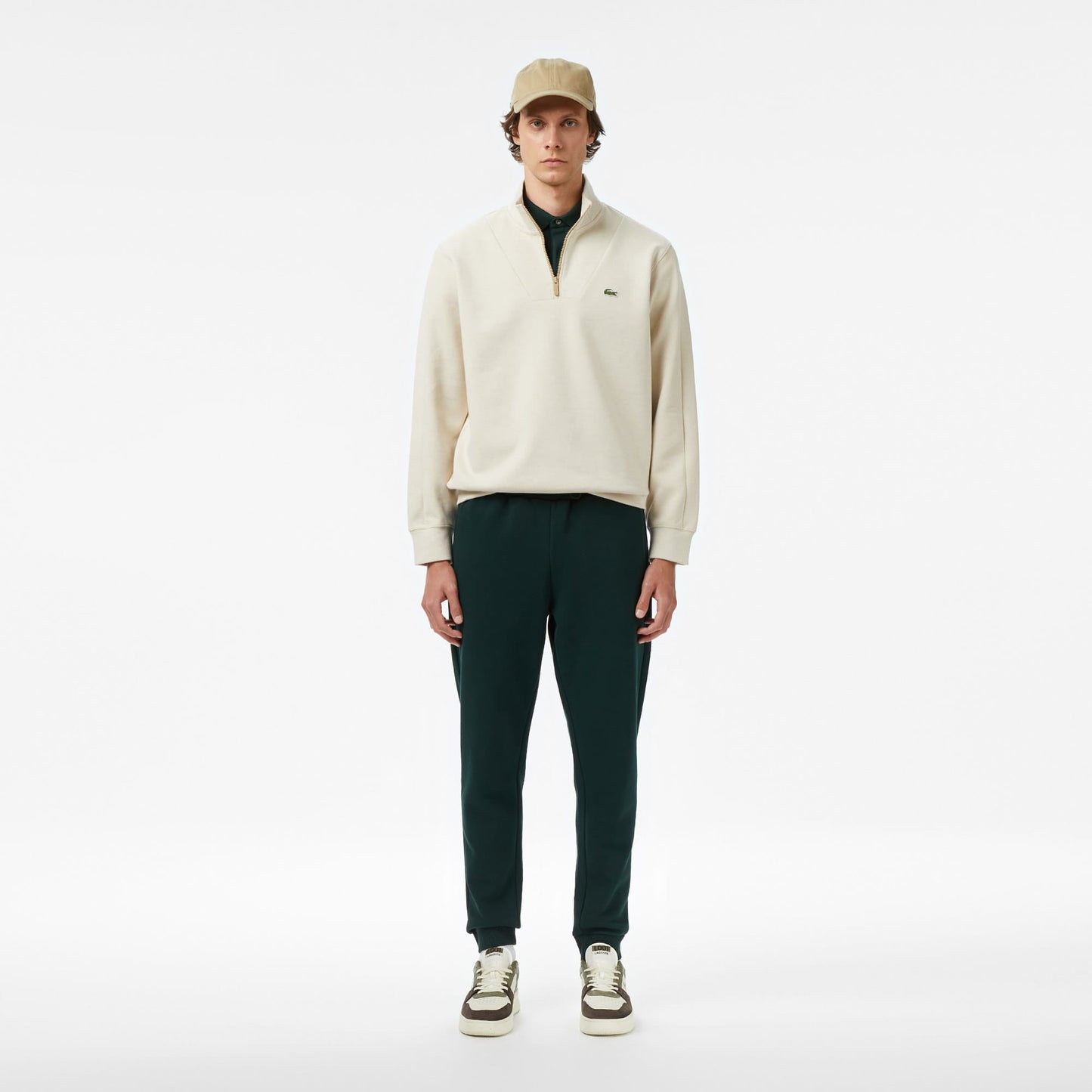 Lacoste Erkek Classic Fit Yarım Fermuarlı Monogram Krem Sweatshirt