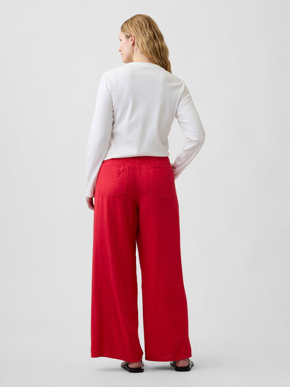 Kırmızı High Rise Keten Karışımı Wide-leg Pantolon