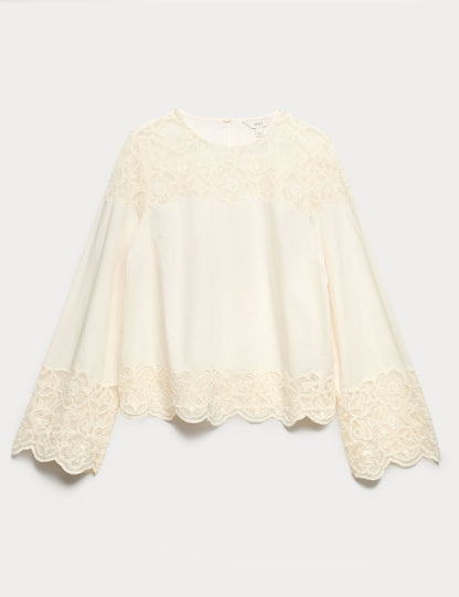 Saf Pamuk Işlemeli Cutwork Bluz