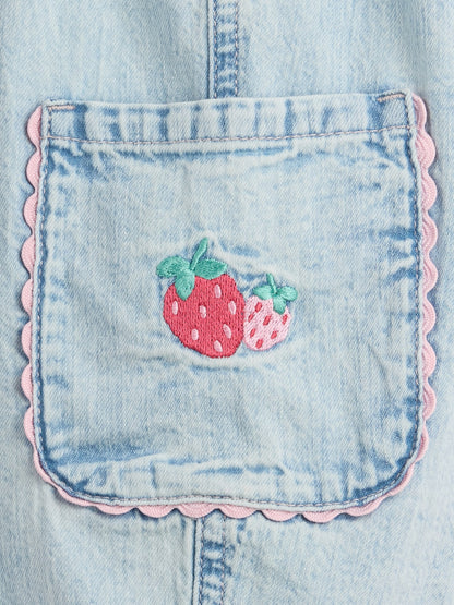 Açık Mavi Pull-on Çilek Işlemeli Kargo Barrel Jean Pantolon