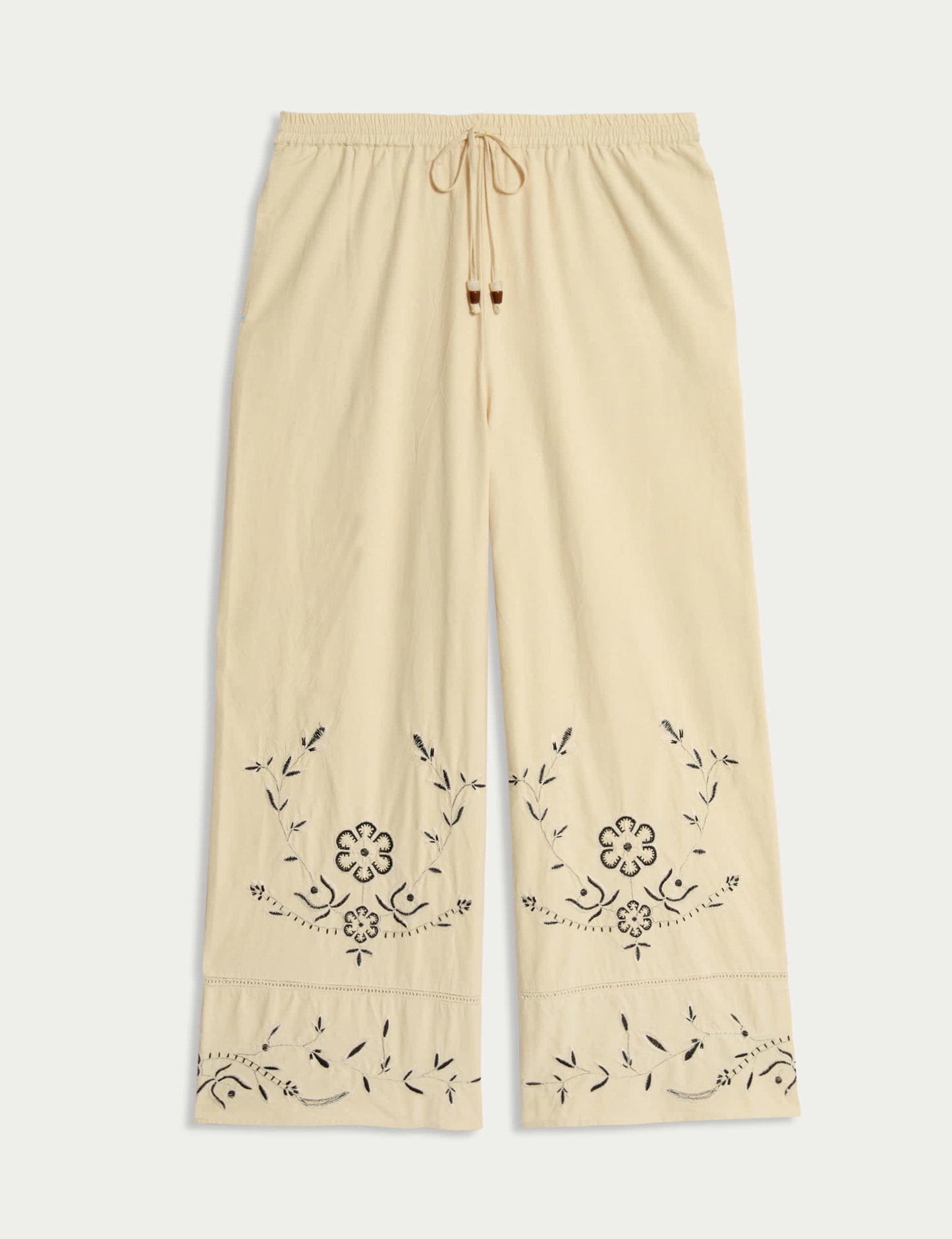 %100 Pamuklu Nakışlı Bağcıklı Geniş Paça Pantolon
