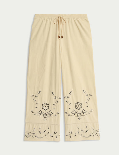 %100 Pamuklu Nakışlı Bağcıklı Geniş Paça Pantolon