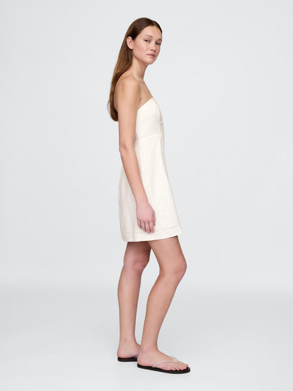 Beyaz Linen-blend Mini Elbise