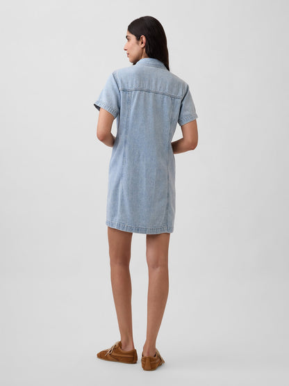 Açık Mavi Ultrasoft Denim Mini Gömlek Elbise