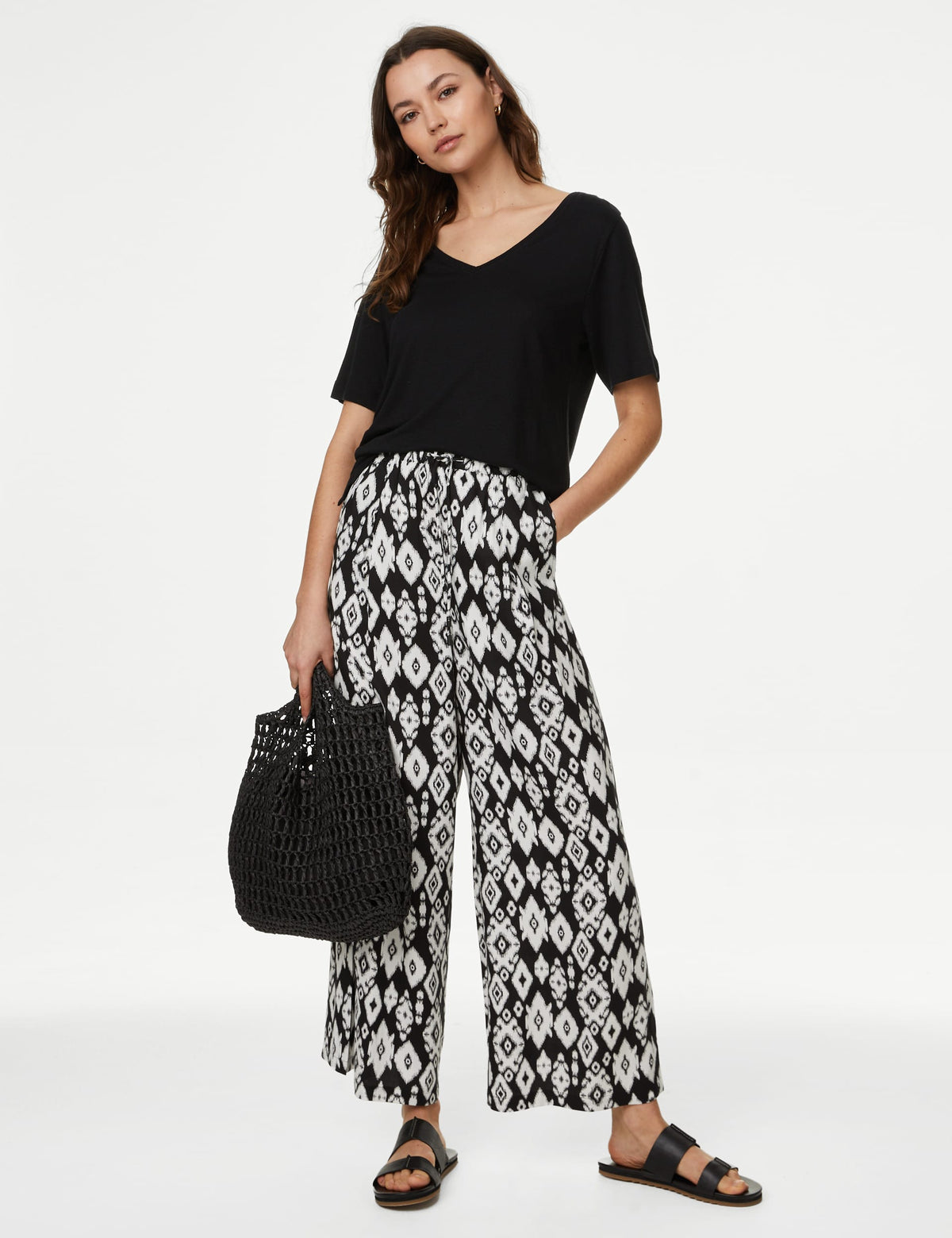 Yüksek Bel Desenli Crop Wide Leg Pantolon