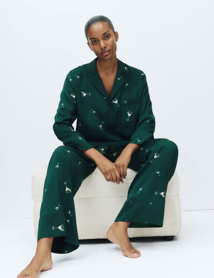 Saten Kokteyl Desenli Pijama Takımı