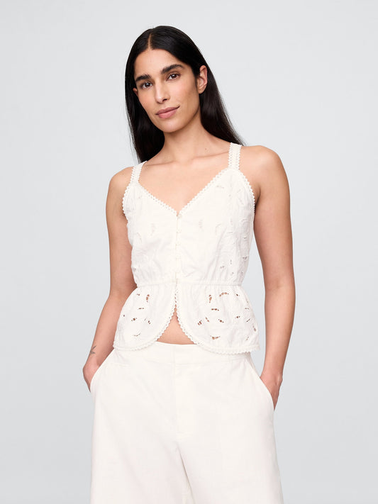 Beyaz Keten Karışımlı Eyelet Peplum Bluz