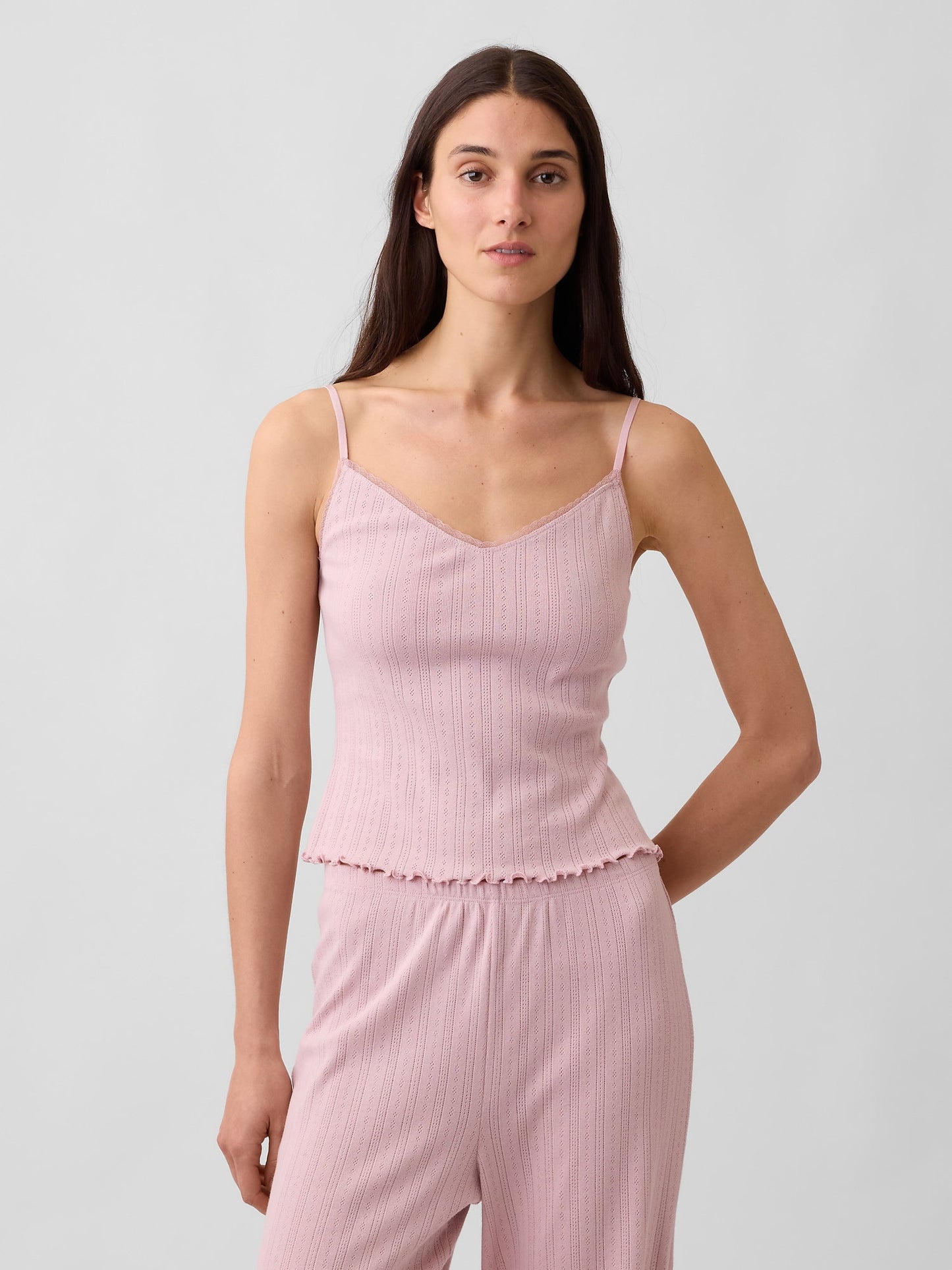 Açık Pembe Pointelle Lettuce-hem Crop Cami Pijama Üstü