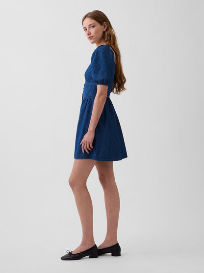 Mavi Denim Puff-sleeve Kalp Yaka Mini Elbise