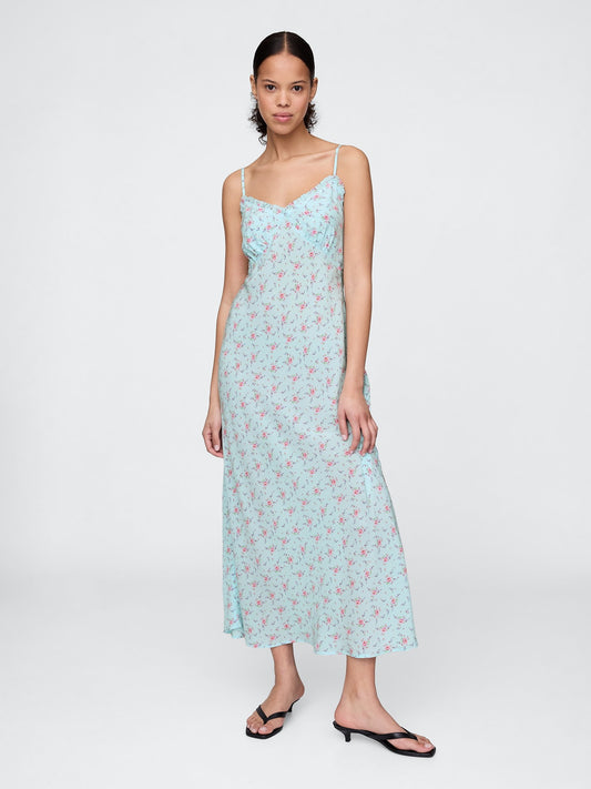 Mavi Çiçek Desenli Maxi Slip Elbise