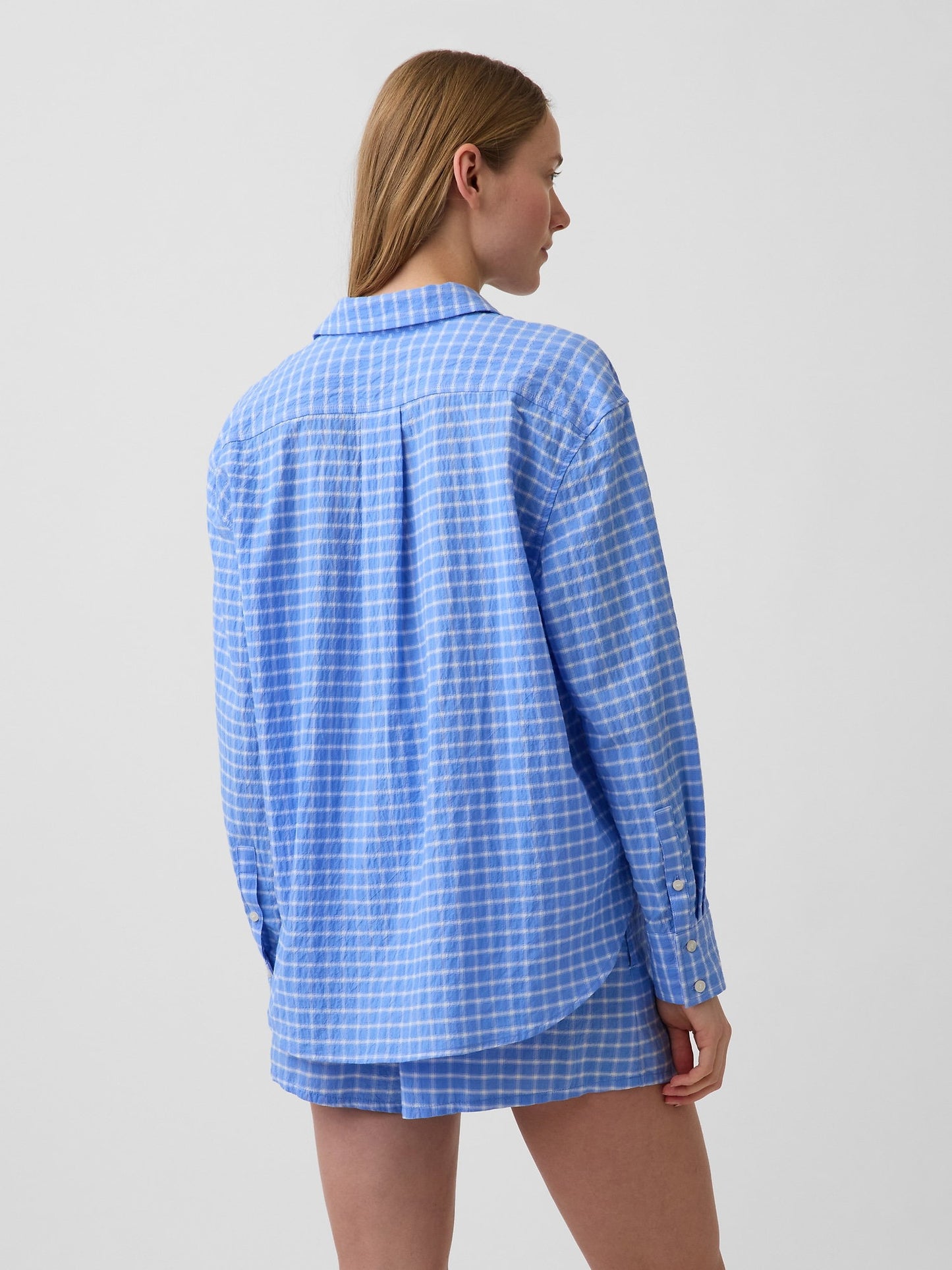 Açık Mavi Seersucker Kareli Oversized Gömlek